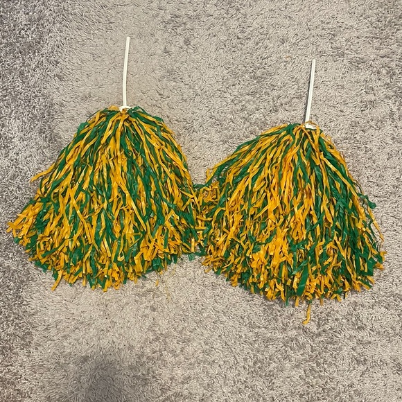 EUC TWO  6" 2 Color-(Green & Gold) Pom Pom's with White Baton Handles - Picture 1 of 2